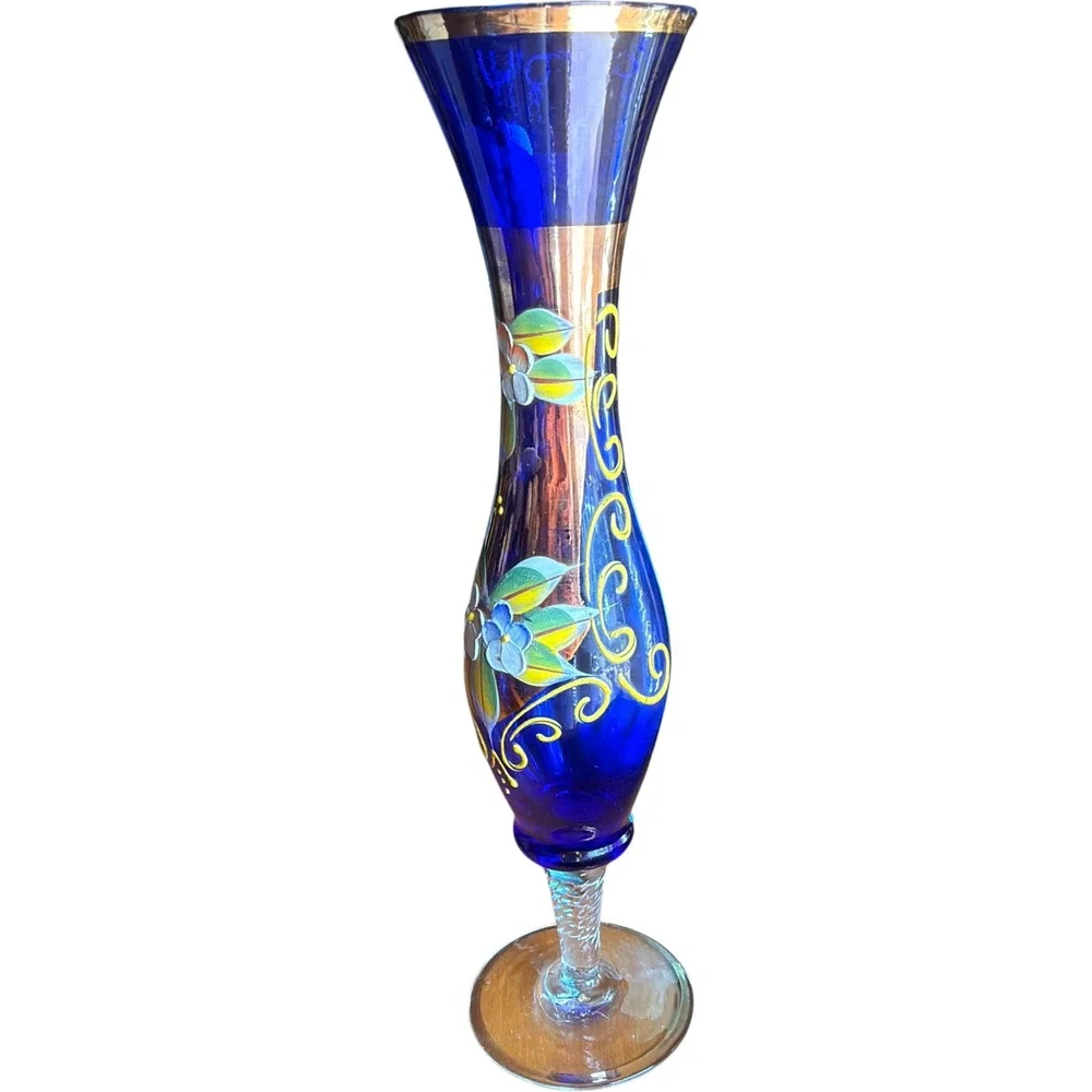 Vintage Cobalt Blue Glass Bud Vase Hand Painted Floral Gold Trim Murano Style